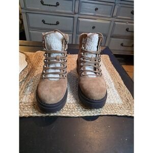 Marc Fisher Size 61/2M Nairy Hiking Brown Ankle Leather Faux Fur Boot